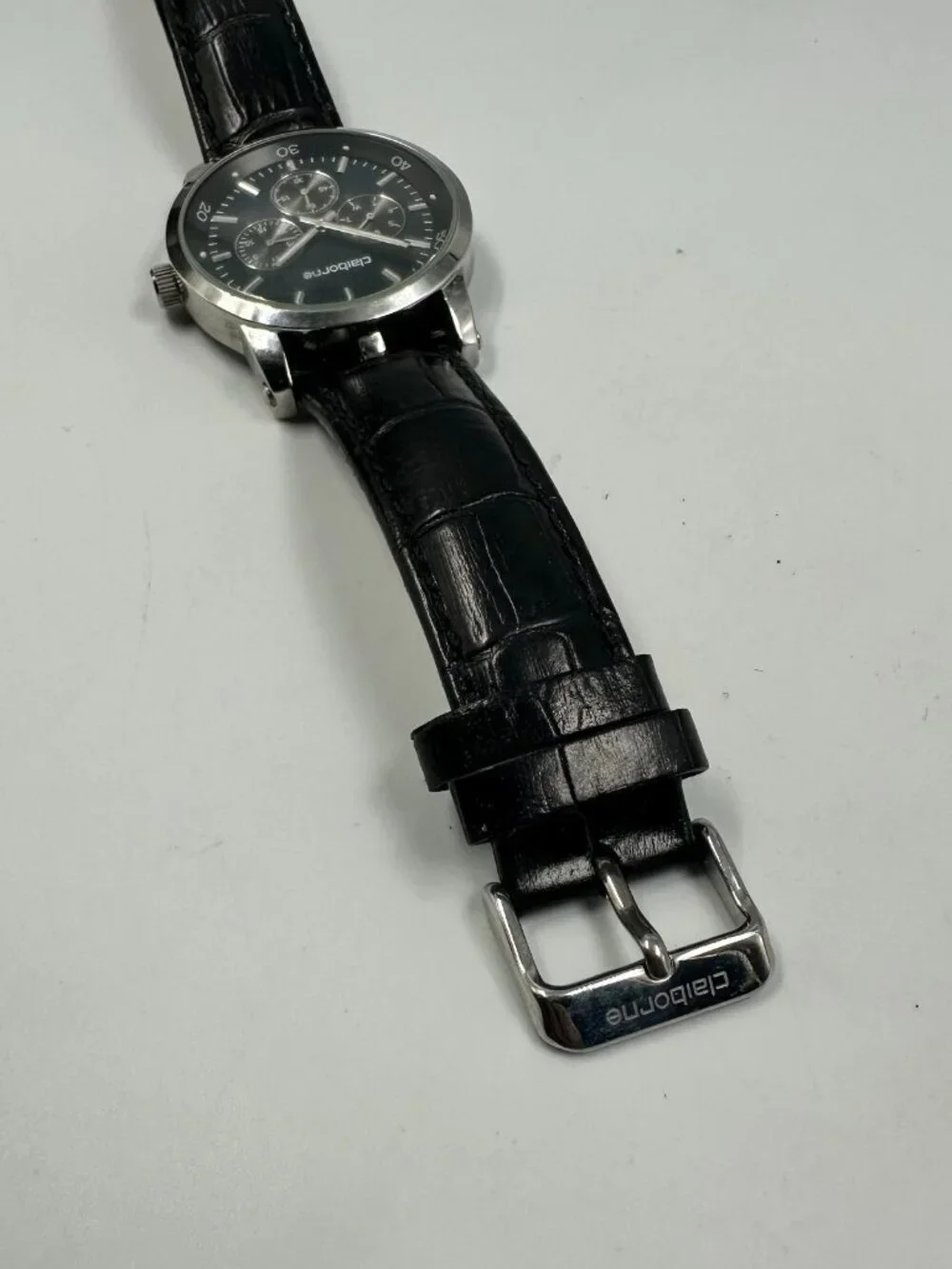 Claiborne Watch Men Silver Tone Blue Dial Leather Band New Battery 10 Inch